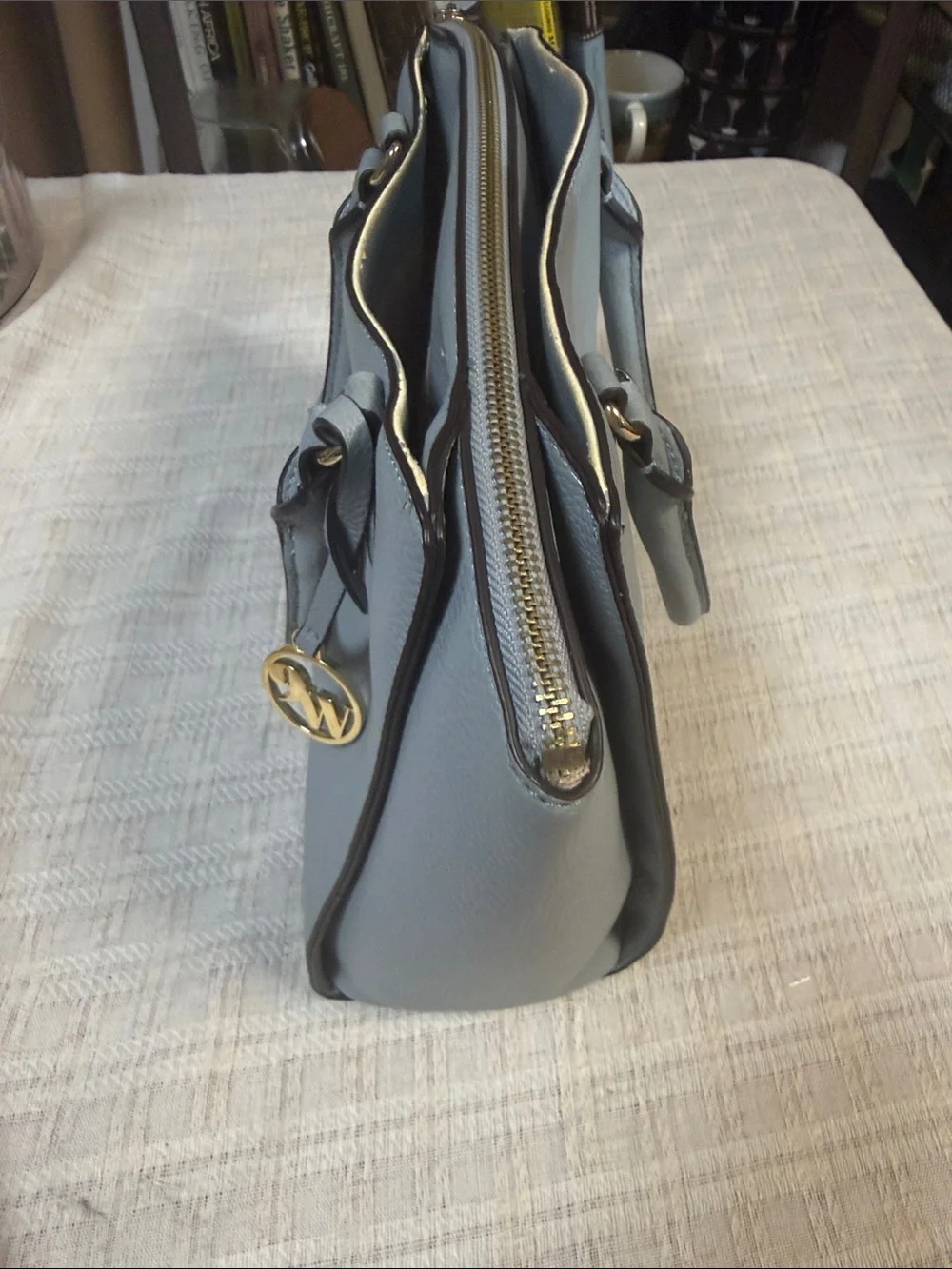 Nine West Light Blue Pebbled Leather Satchel with Gold Charm